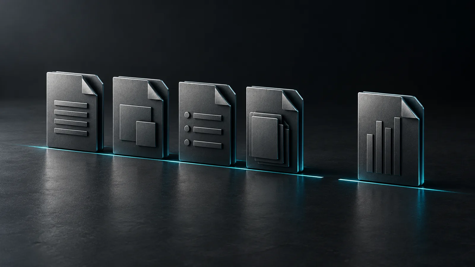 Gunmetal document panels connected by a cyan line, with a gap representing a pending review.
