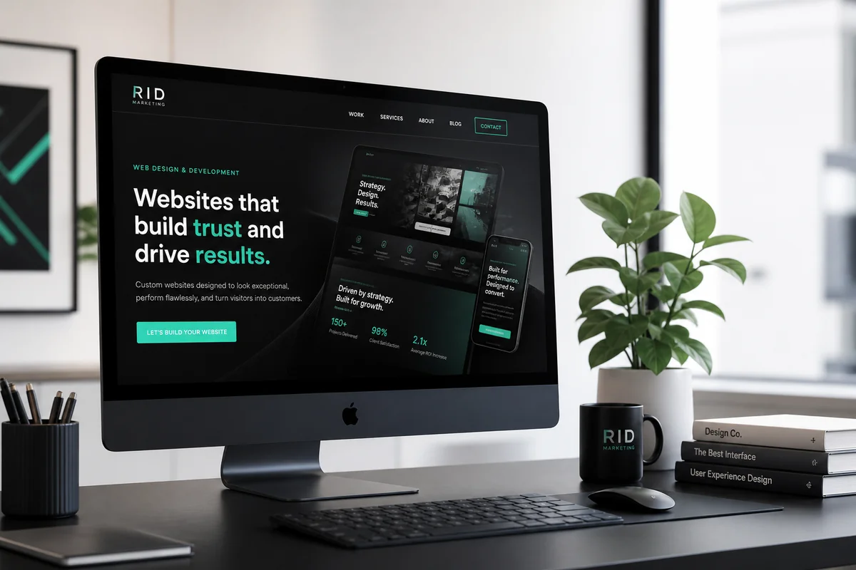 Website design concept on a desktop monitor in a RID-branded workspace