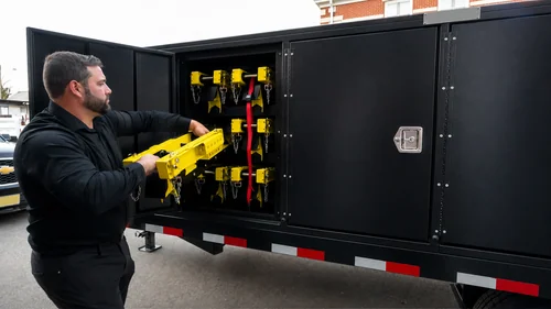 An AST team member loading an MVB3X barrier into the storage trailer