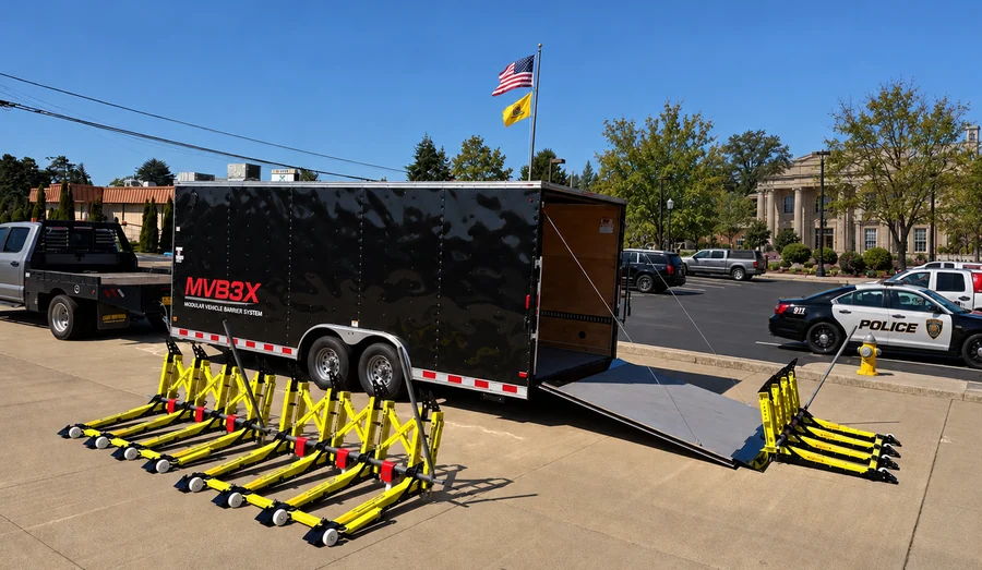 ReadyLink Deployment Trailer with MVB3X barrier sections beside its loading ramp